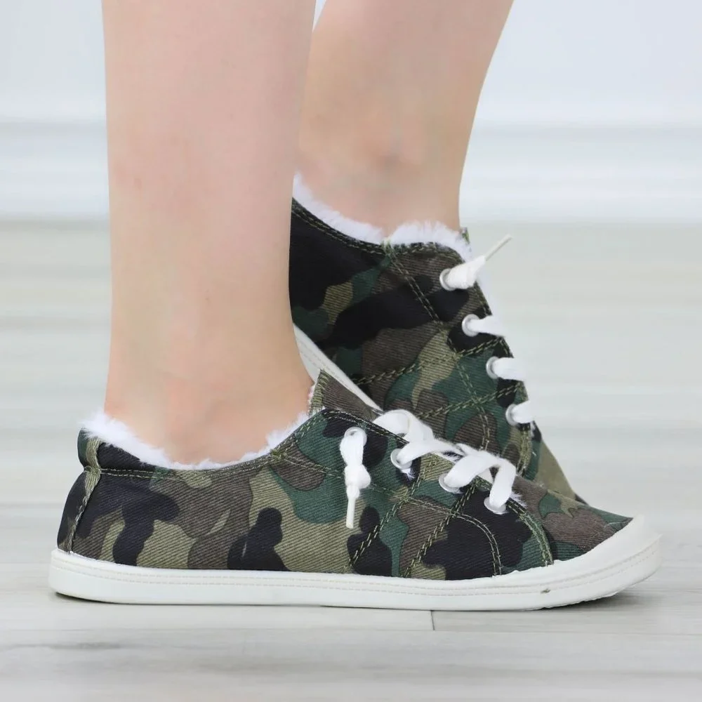 Camouflage Women's Flat Sneakers Canvas Lace Up Round Toe Warm Knit Lining - Picture 8 of 13